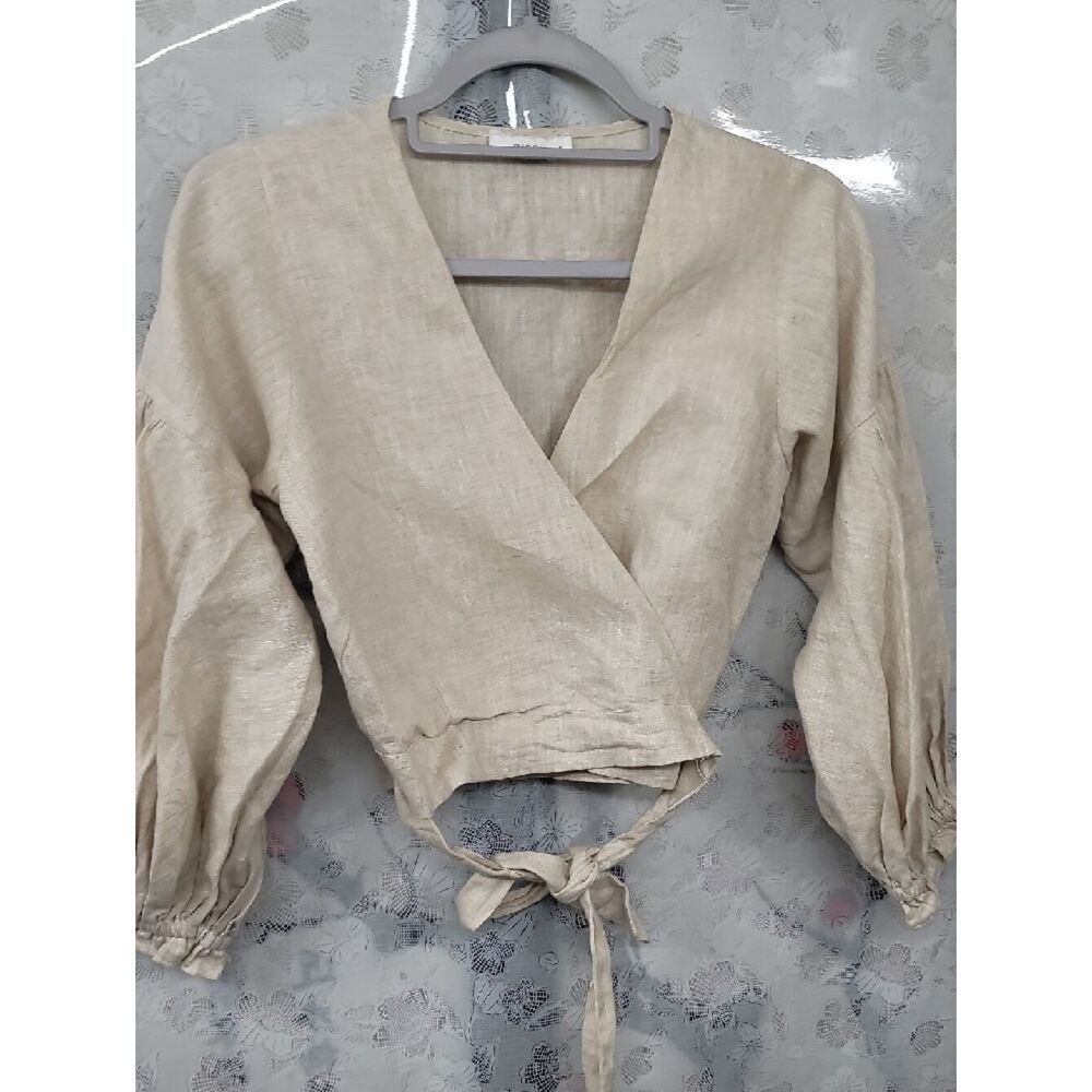 Dissh Wrap Front Balloon Sleeve Crop Top - Beige Size Small - Picture 4 of 9